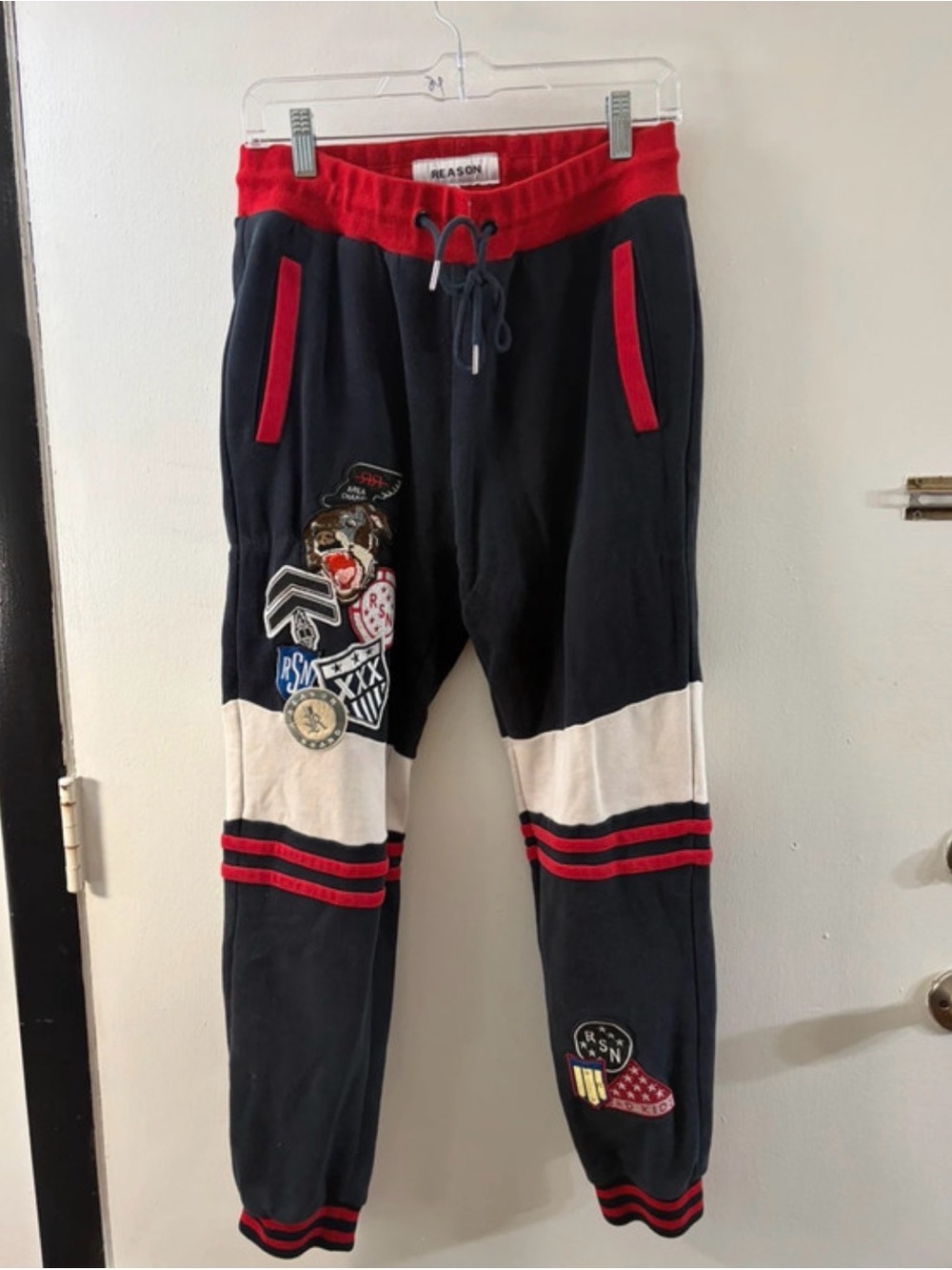 Reason Navy, Red & White Patchwork Jogger Pants
